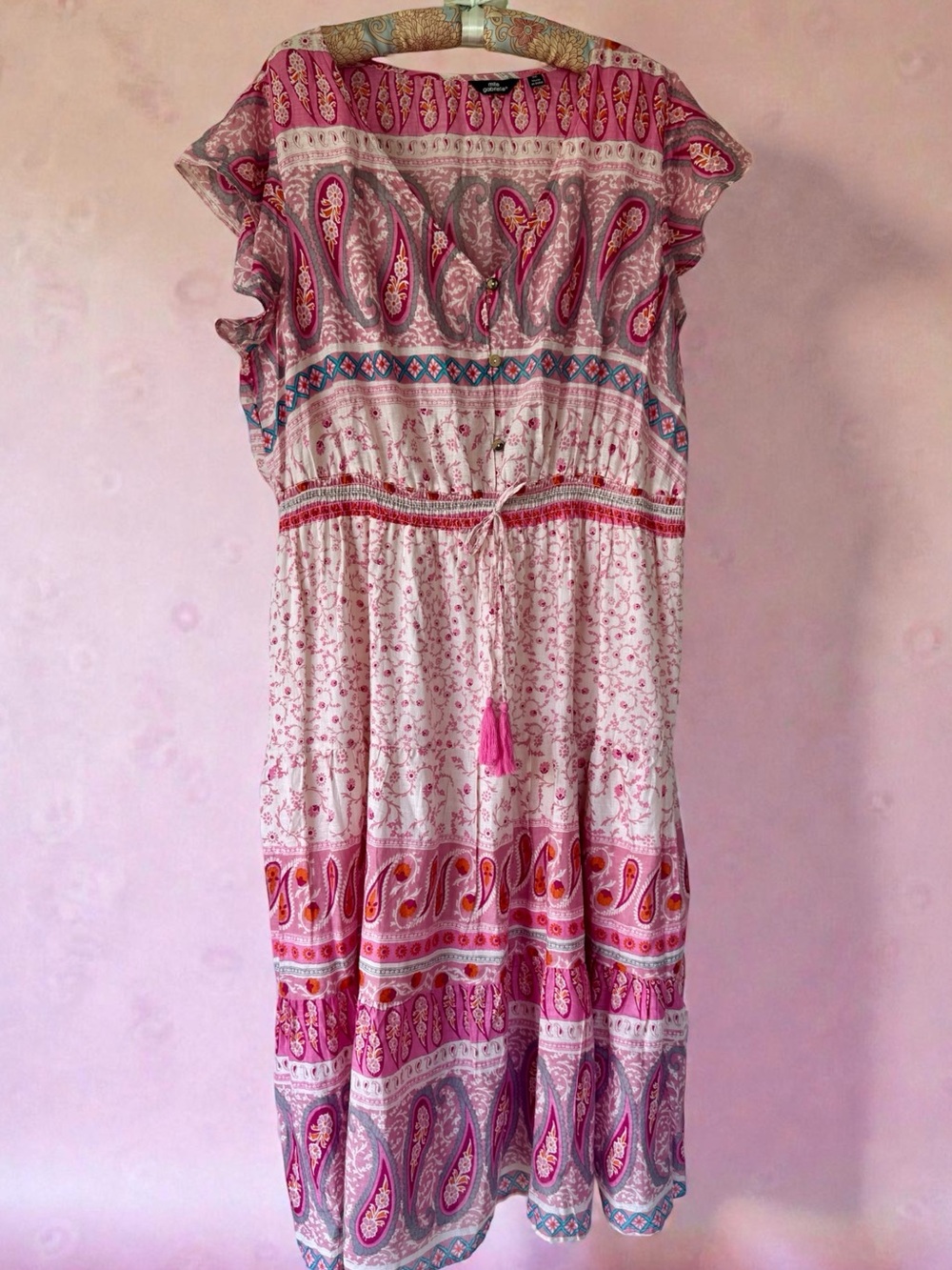 NWT Mlle Gabrielle Pink Floral Paisley Peasant Maxi Dress Ikat Sz 3X Cotton